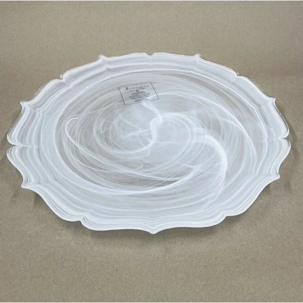 Artistic Accents Turkish Glass 4 Plates Set Entrée Dinner White Swirl 11